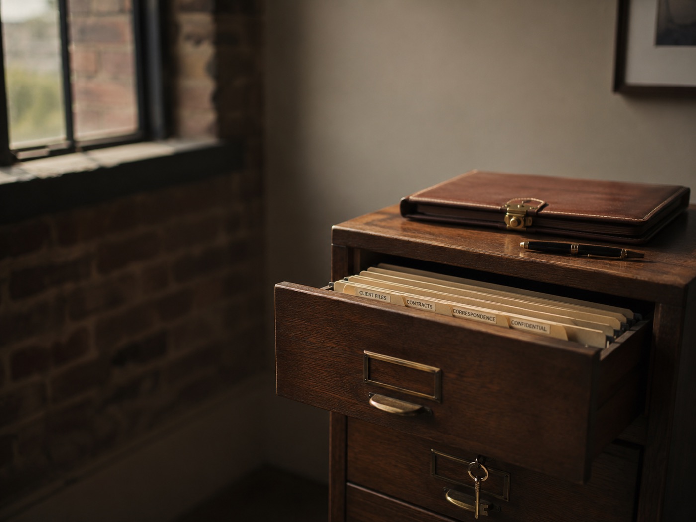 Open wooden filing cabinet drawer with labelled tabs: Client Files, Contracts, Correspondence, Confidential. A leather document folder with a brass clasp and a fountain pen sit on top. A small brass key in the lock below.