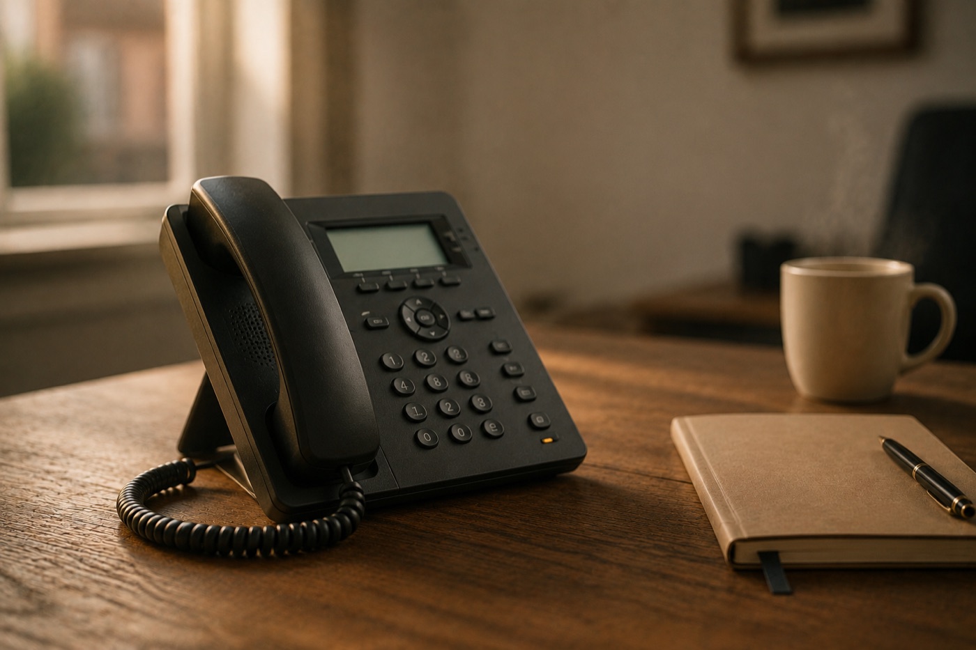 A modern matte-black desk phone at rest on a wooden desk in a small Northern English office, its status light glowing amber. A leather notebook with a fountain pen and a ceramic mug sit beside it. Warm late-afternoon light falls from a window to the left.