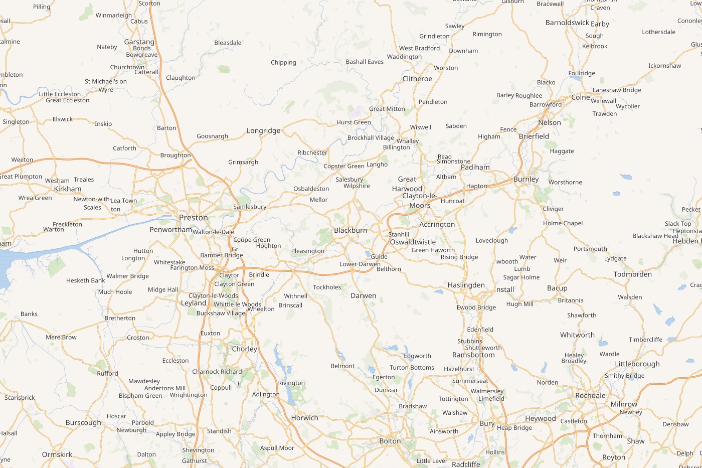 Map of Blackburn, Darwen, Accrington and Great Harwood, with the M65 corridor visible. Winterhill covers this area from a short drive west to its Bolton base.