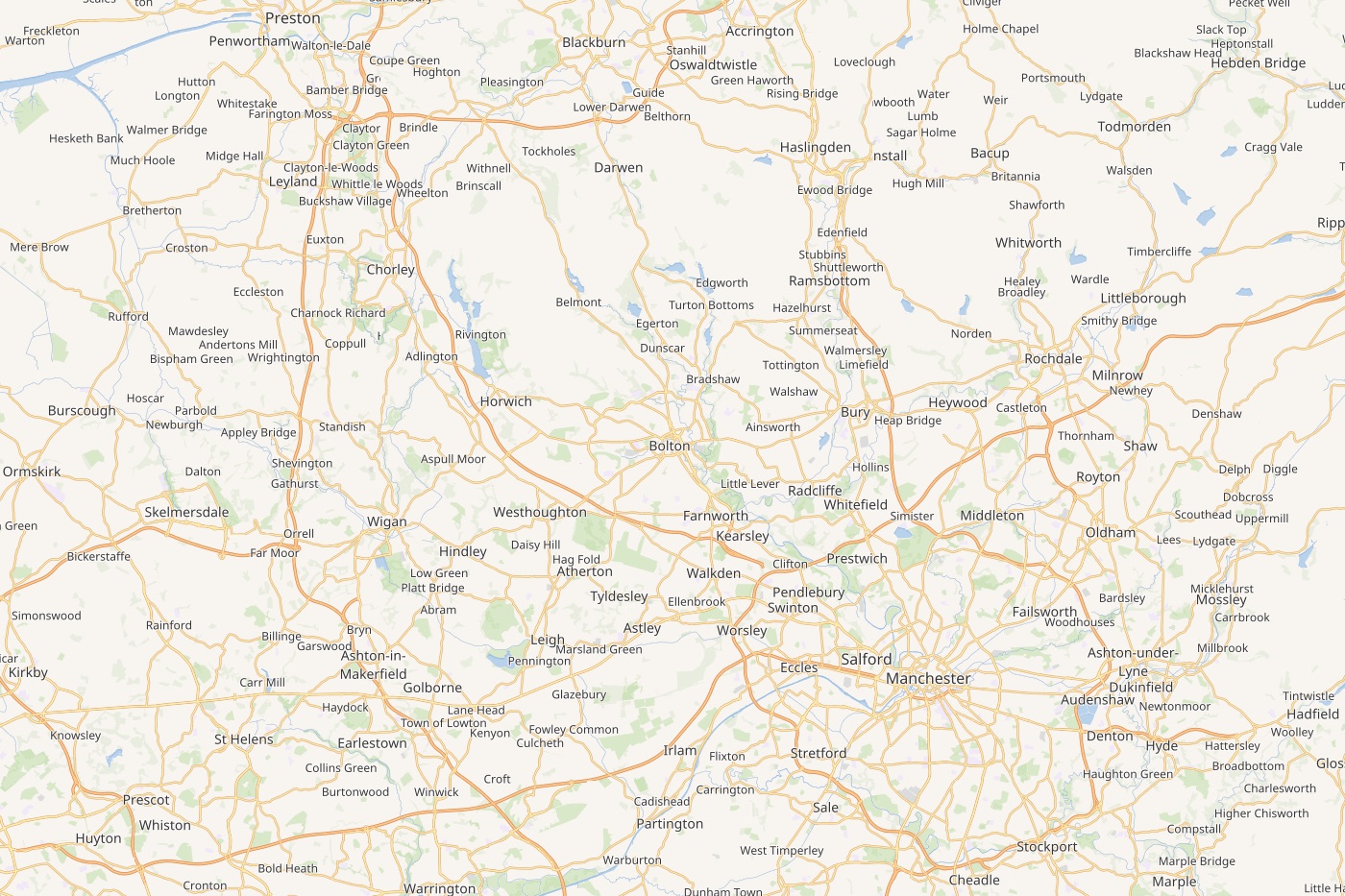 Map of Bolton and its surrounding Greater Manchester area, showing the M61, M60 and M62 motorway corridors and the small towns Winterhill covers from its Bolton base.