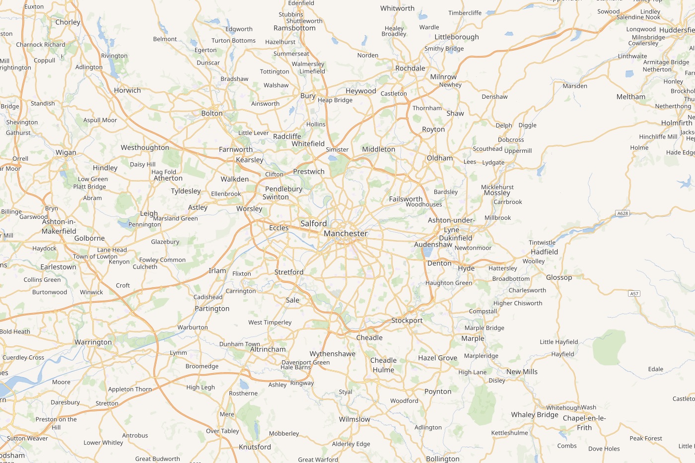 Map of Manchester city centre and the wider Greater Manchester conurbation, with the M60 ring road and the M61 corridor towards Bolton visible. Winterhill covers this area from a short drive west.