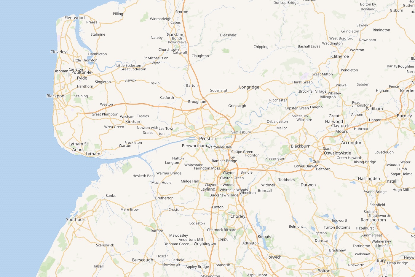 Map of Preston, Penwortham, Bamber Bridge, Fulwood and Longton, with the M6, M55 and M65 motorway corridors visible. Winterhill covers this area from a short M61 drive south to its Bolton base.