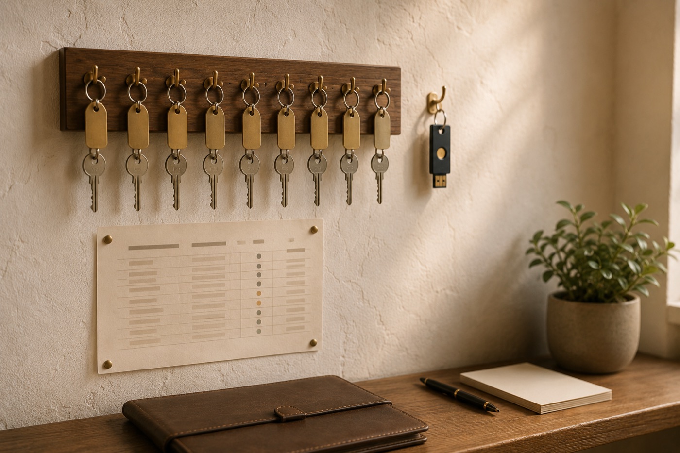 Access-control wall in a small Northern English office: a wooden board of stainless office keys hanging from brass hooks with small brass tags, a matte-black hardware security key on its own dedicated brass hook to the side, a pinned acrylic roster sheet below. A leather folder, fountain pen and notepad on the shelf.