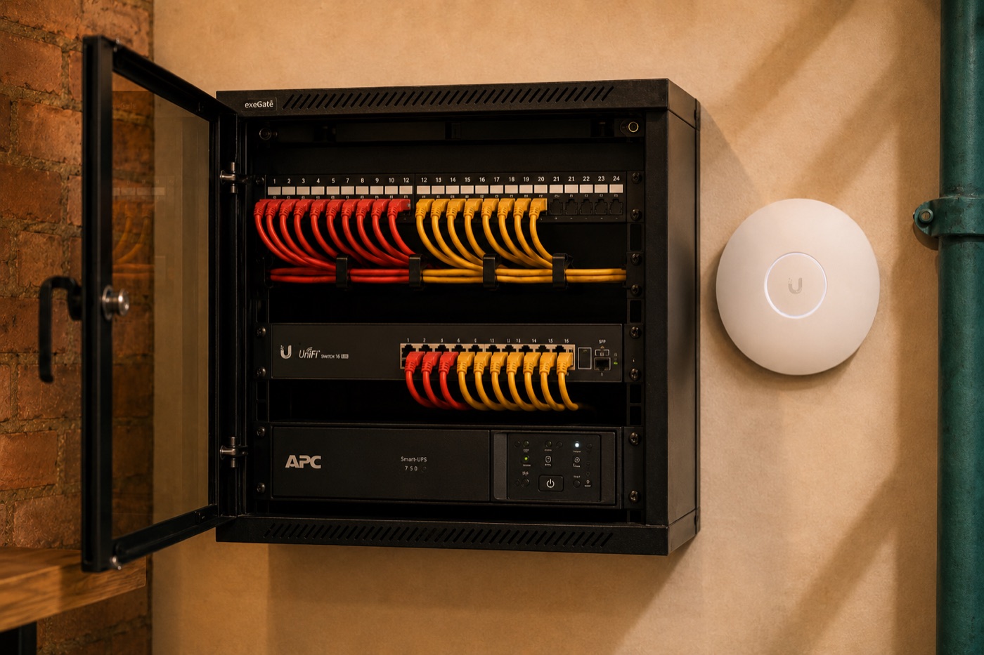 Open wall-mounted network cabinet in a small workshop: 24-port patch panel with neatly routed red and yellow Cat6 cables, a UniFi managed switch, an APC Smart-UPS, and a Ubiquiti Wi-Fi access point mounted on the wall beside. Exposed brick on the left, teal-painted iron pipework on the right.