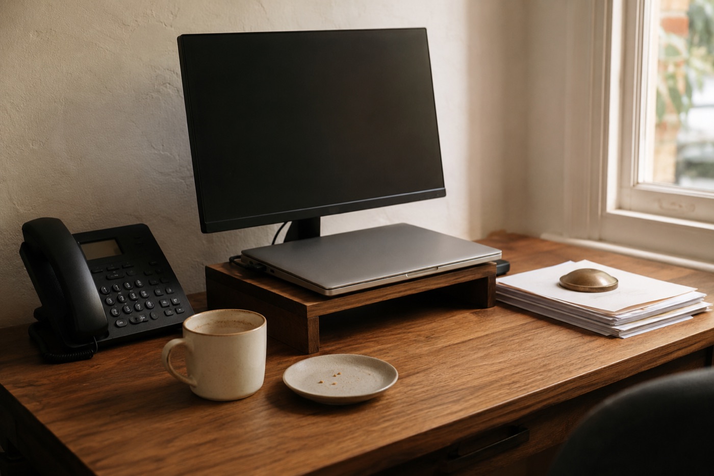 A small-business desk corner at the end of a working day: a closed silver laptop docked in a wooden monitor stand under a powered-off external display, a matte-black desk phone at rest, a cream ceramic mug beside a small plate with biscuit crumbs, and a stack of papers held flat by a brass paperweight. Warm late-afternoon light through a sash window.