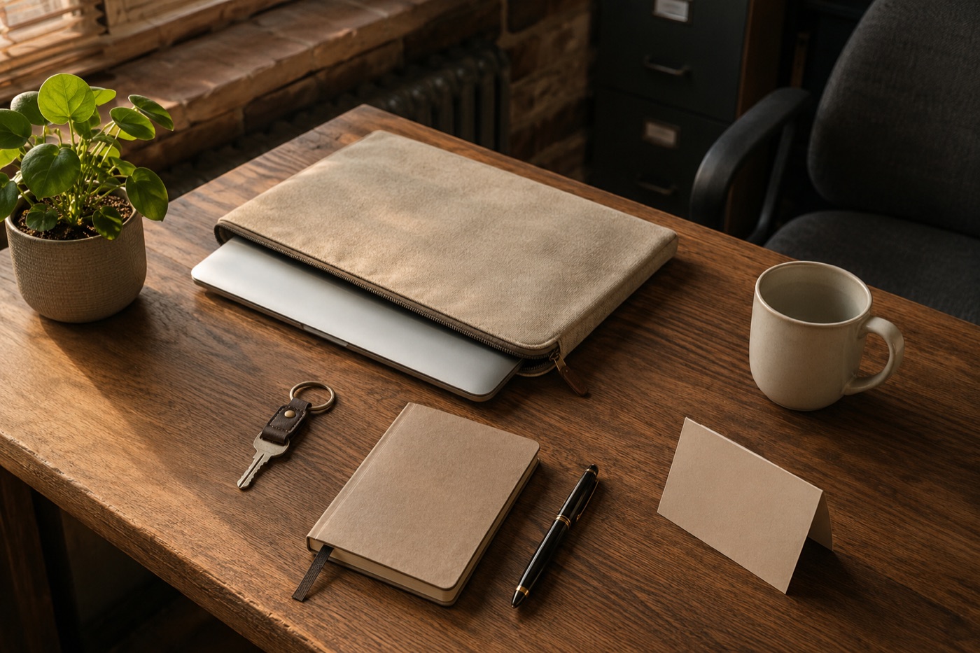 A wooden desk laid out for an employee’s first day in a small Northern English office: a closed silver laptop half-out of its canvas sleeve, a single office key on a leather keyring, a kraft-covered notebook with a fountain pen, a folded welcome card, a ceramic mug and a small potted plant. Warm late-morning light from a brick window ledge behind.