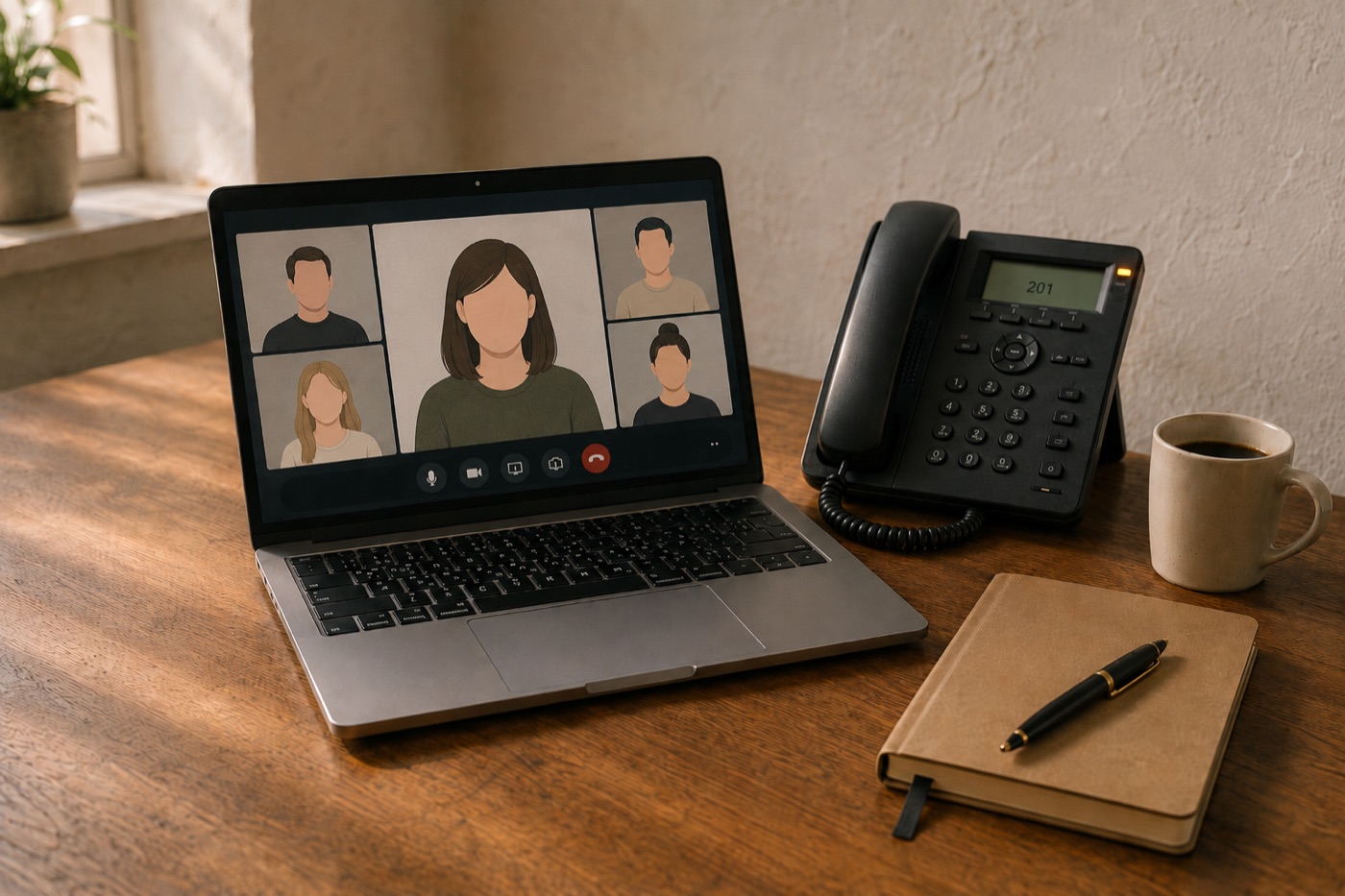 A working day on a small-business desk: an open laptop showing a video call with abstracted illustrated participant tiles in a clean grid, a matte-black desk phone at rest beside it with the handset on its cradle, a cream ceramic mug of dark coffee and a kraft notebook with a fountain pen on top. Warm late-afternoon light from a sash window.