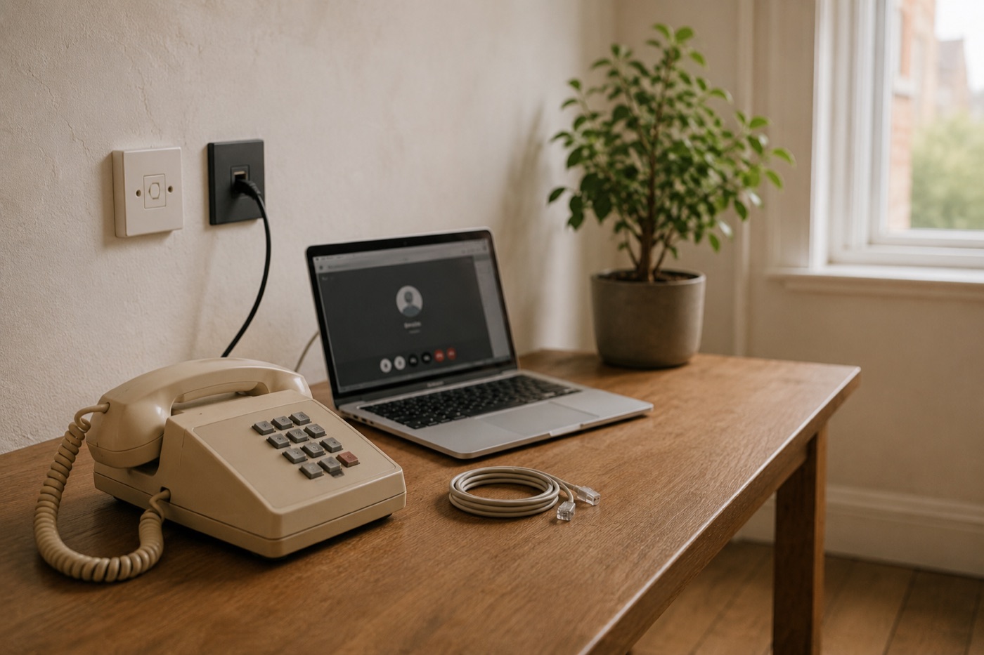 A small-business desk on the afternoon of a phone migration: an older cream-coloured analogue desk phone unplugged and set aside, a coiled length of beige twisted-pair cable beside it, a laptop with a softphone call open. On the wall, an old BT-style master socket sits beside a freshly installed black ethernet wall plate.