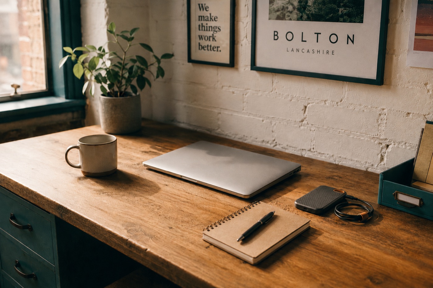 A tidy workstation in a Bolton studio: closed silver laptop, ceramic mug, kraft notebook with pen and a small SSD on a warm wooden desk, beneath framed prints reading 'We make things work better.' and 'Bolton, Lancashire'.